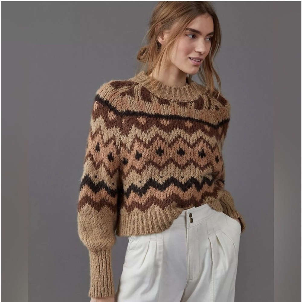 ZARA Fair Isle Tan/Brown Neutrals Carson Geometric Wool Blend Sweater Medium